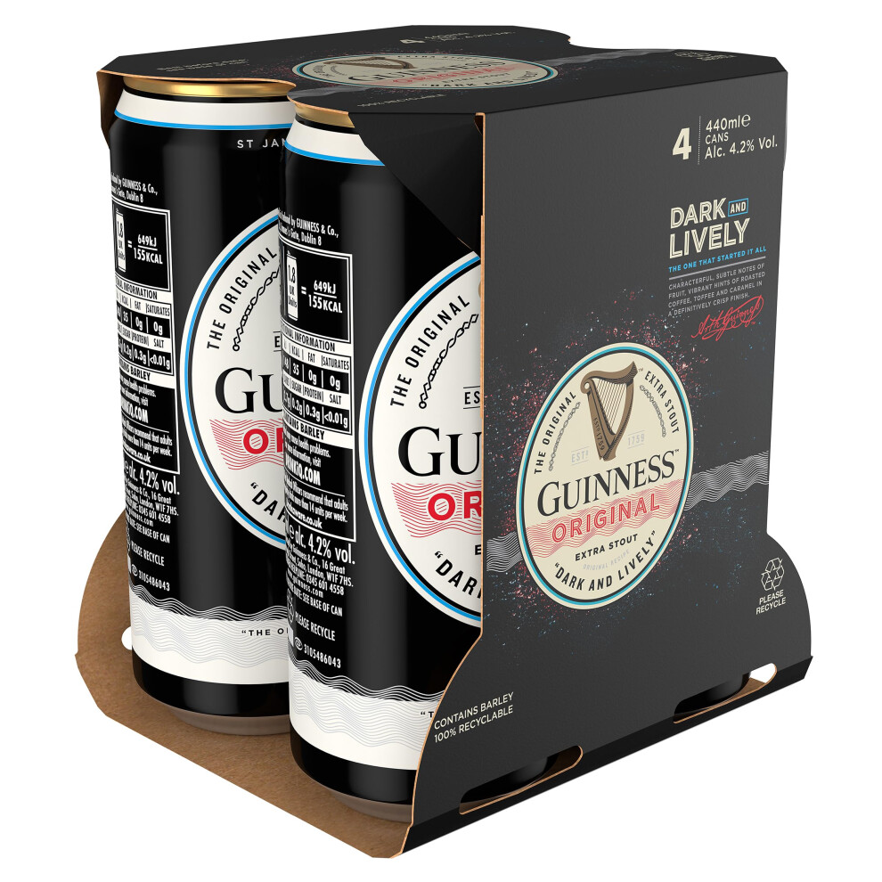 Guinness Original Extra Stout | 4.2% Vol | 4 X 440Ml Beer Cans| Medium & Balanced | Bitter & Sweet | Rich Creamy Head | Crafted From Quality Malt |