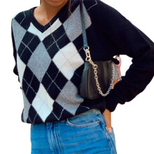 Preppy Style Strikket Vest med V-hals til Kvinder, Argyle Ternet Ærmeløs Pullover Crop Sweater Vest, Åndbar Bekvem Blød Håndfølelse Afslappet