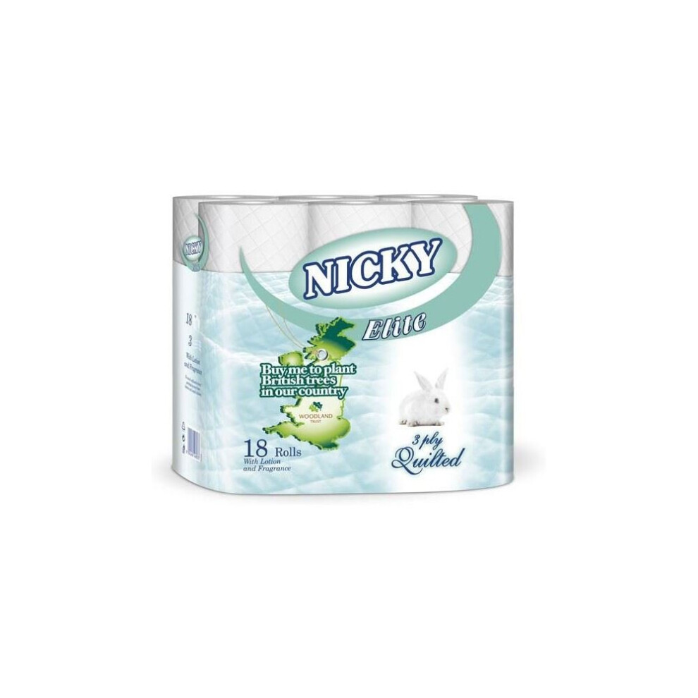 Nicky Elite 3 Ply Quilted Toilet Rolls (18) - Pack Of 2 White
