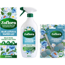 Zoflora Blue Lotus & Waterlilly Bundle - Power Bathroom Cleaner 800ml, Concentrated Multipurpose Disinfectant Liquid 250ml & Rim Blocks 1 x 72g