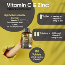 Vitamin C Zinc 180 Tablets 1000mg Immune support Fertility Hair Skin