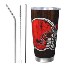 Browns Football Team 600 ml termokande i rustfrit stål med låg og sugerør - kompatibel med Browns, varme/kolde drikke, bilkrus, kaffe og sportsbrug