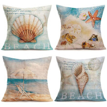 Fundas de almohada con temática oceánica, juego de 4 de 45 x 45 cm, de algodón y lino, con diseño vintage de parque oceánico, estrellas de mar y