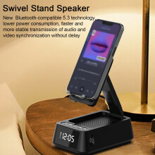 SUSUchens Bluetooth-luidspreker met telefoonhouder, LED-display, wekker, HD-compatibel geluid, multifunctionele luidspreker, stijlvol zwart.