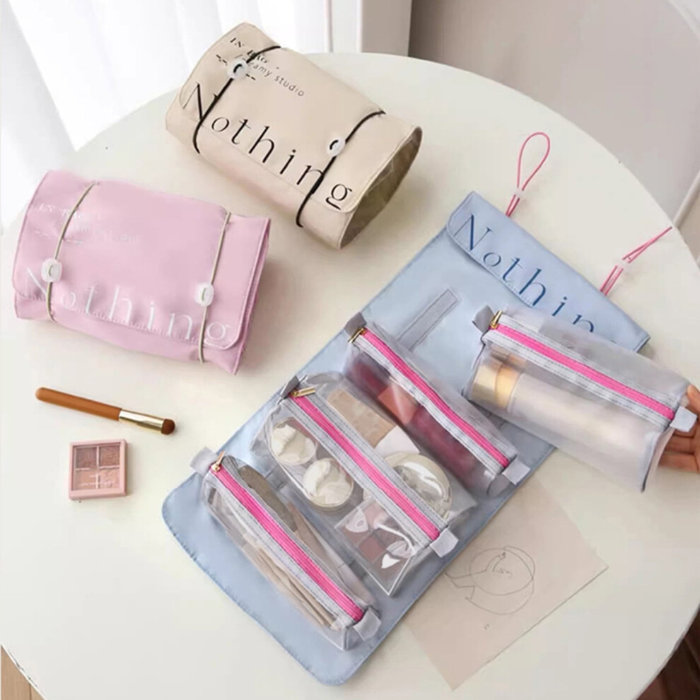 White Susuchens Toiletry Bag Roll-Up Foldable Makeup Bag Cosmetic Organizer 4 Compartments Large Capacity Zipper Closure Water-Resistant Travel Pouch