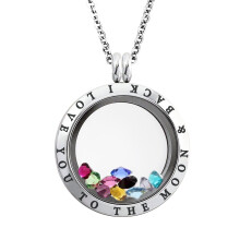 25 MM Stainless Steel I Love You to the Moon & Back Engraved Floating Glass Charm Locket Pendant Necklace
