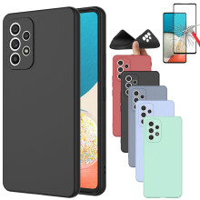 Cás Silicone atá comhoiriúnach le Samsung Galaxy A54 5G, le Cosantóir Scáileáin Gloine Tempered & Líneáil Mhicri-shnáithín Bog - Dubh
