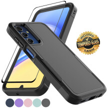Ag luí le cás Samsung Galaxy A15 5G le cosantóir scáileáin gloine tempered, clúdach iomlán 2-in-1 atá láidir agus frithsheasmhach in aghaidh