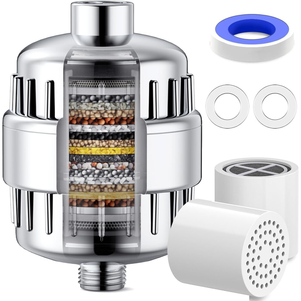 17-Stage Shower Filter For Hard Water, Compatible With Standard Shower Heads, Removes Chlorine & Fluoride, Includes 2 Replacement Cartridges, 9395123028347