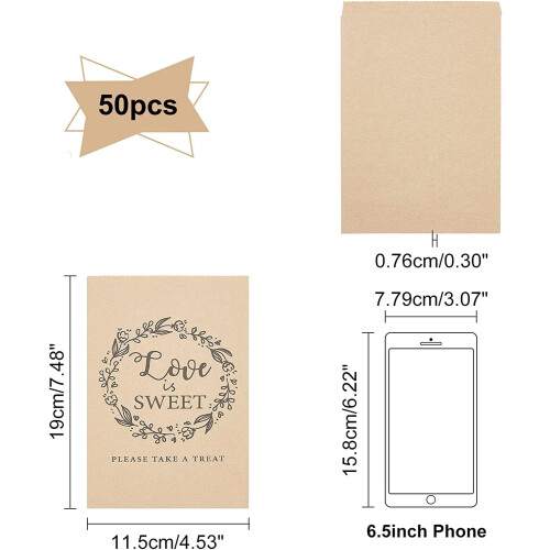 50 τεμάχια χάρτινες σακούλες Kraft 4,5x7,5" για λιχουδιές, μικρές επίπεδες τσάντες για 2