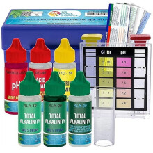 US Pool Supply Premium 5-in-1-Testset für pH-Wert, Chlor, Brom, Alkalität und Säurebedarf – Indikator für ausgeglichenes Wasser und Algen.
