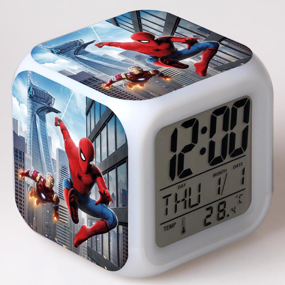 Hanntaoo Digital Alarm Clock For Kids, Cartoon Spider-Man Pattern 7 Led Color Changing Wake Up Clock With Thermometer & Night Gift For Boys Light