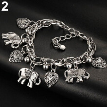 Pulseira feminina AYYUFE vintage exclusiva com pingente de elefante e coração esculpido brilhante, em liga metálica prateada.
