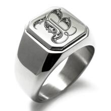 Tioneer rustfrit stål bogstav B initial kongeligt monogram indgraveret indgraveret firkantet flad top biker stil poleret signetring