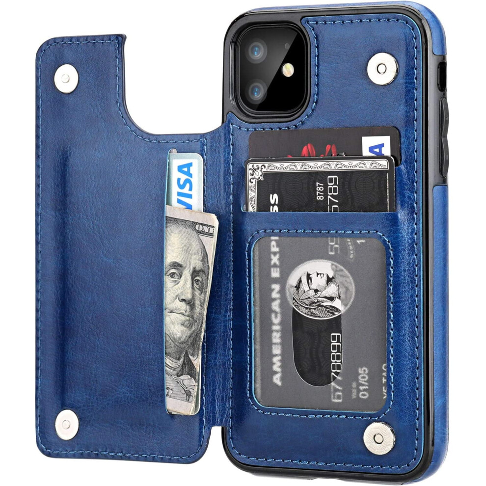 Compatible With Iphone 11 Wallet Case, Pu Leather Kickstand With Card Slots, Magnetic Clasp, Shockproof Cover For 6.1 Inch (Blue) Blue 9395123247564