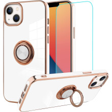 Kompatibel med iPhone14Plus cover, skærmbeskytter, 360 roterende magnetisk ring, støtteben, blødt, tyndt og stødsikkert cover (hvid)