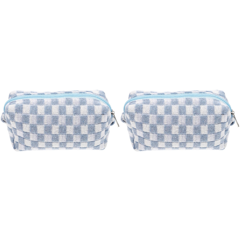 Pink 2 Pcs Cosmetic Bag Pencil Case Checkered Travel Bags For Women Toiletry Organizer Woolen Yarn Makeup
