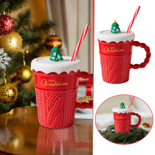 Karácsonyi pulóveres piros pohár, ünnepi, nagy szépségű, szalma alakú kerámia pohár tetővel, 400 ml/14 oz, páros pohár