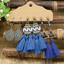 RSAMD Vintage Waterdruppel Blauwe Oorbellen Set Dames Geometrisch Patroon Katoen Kwastje Druppel-Stijl2