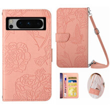Etui til Google Pixel8Pro Telefonetui Læderpung med Kortholder og Lang Rem Bløde PU-læder Sommerfugle og Blomster