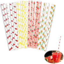 100 Canudos de Papel Compatíveis com Frutas, Morango e Melancia - Canudos Descartáveis Decorativos para Coquetéis, Sucos, Shakes e Artigos para