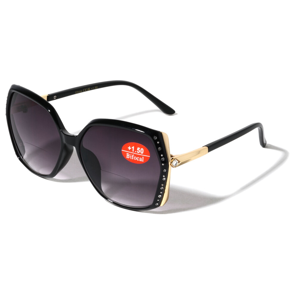 Women Oversized Rhinestones BIFOCAL Reading Sunglasses - Outdoor Reader Glasses UV Protection +1.00