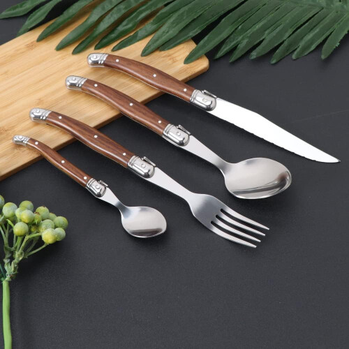 24 Piece Stainless Steel Flatware Set with Elegant Wood Grain Handle, Silverware Set for 6 1