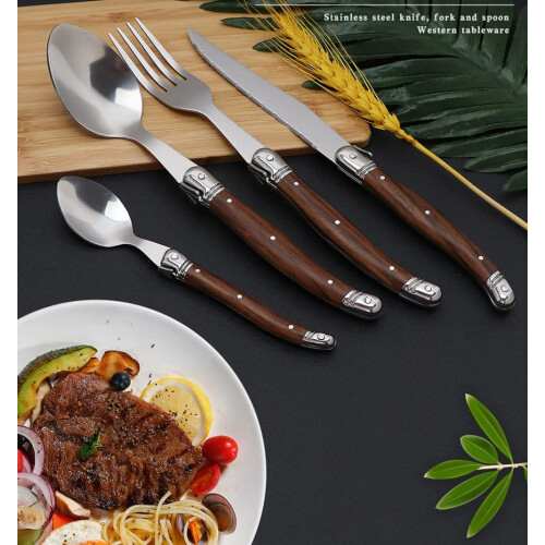 24 Piece Stainless Steel Flatware Set with Elegant Wood Grain Handle, Silverware Set for 6 2