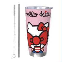 Kubek termiczny Hello Kitty o pojemności 20 uncji z klapką i słomką utrzymuje napoje zimne i gorące. Kubek samochodowy ze stali nierdzewnej.
