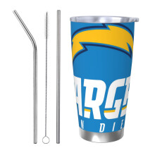 Gobelet isotherme en acier inoxydable de 590 ml (20 oz) aux couleurs de l'équipe de football des Chargers, avec couvercle et paille, compatible avec