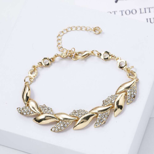 Pulseiras ajustáveis com folhas douradas e strass, elegante pulseira de folhas para mulheres. 1