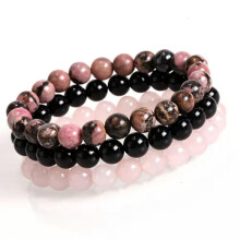 RSAMD Natursten Mænd Kvinder Rosakvarts Sort Onyx Perle Stabelbare Charms Armbånd - 3 stk.