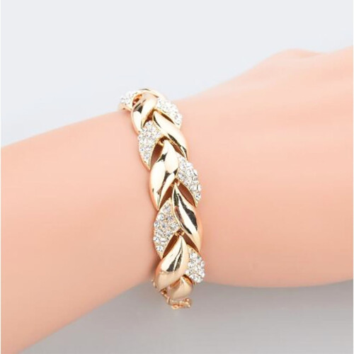 Pulseiras ajustáveis com folhas douradas e strass, elegante pulseira de folhas para mulheres.