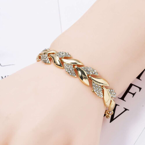 Pulseiras ajustáveis com folhas douradas e strass, elegante pulseira de folhas para mulheres. 2
