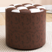 Round Leather Foot Stool with Leopard White Upholstery for Living Room or Bedroom 31x28cm