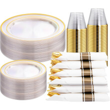 Juego de 350 piezas de platos y cubiertos de plástico plateado: 50 platos llanos, 50 platos de postre, 50 vasos, 50 servilletas - Artículos