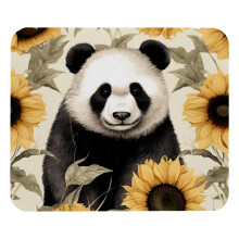 Vierkante muismat met panda- en zonnebloemmotief, stoffen muismat met rubberen onderkant, 21x25 cm