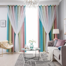 Romantic Kids Curtain,Hollow-Out Stars Window Curtain Dual Layer Blackout Curtains for Boys Girls Bedroom Kids Room