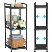 3-Tier Metal Shelving Unit, Expandable, Free-Standing, Narrow, Open Floor Shelves, Ideal for Bathroom, Kitchen, Laundry, Storage, Organization