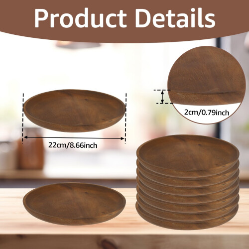 Pratos de Jantar Redondos de Madeira de Acácia NUAHRHY, 25 cm (10 polegadas), Leves e Inquebráveis, Ideais para Lanches, Sobremesas e como Presente 2