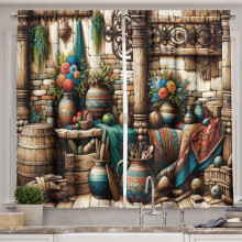 Ambesonne Rustic Kitchen Curtains, Grunge Ethnic Vases Objects, 55"x24", Pale Brown Teal Cinnamon