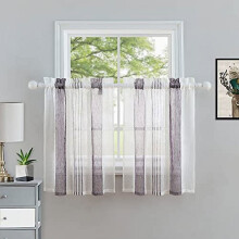 Sheer Farmhouse Cafe Curtain 30" Beige Vertical Stripe, Faux Linen Textured Kitchen Bathroom Window Curtain with Rod Pocket, 27"x30"