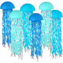 Blå hængende gople-papirlanterner, farvestrålende farverige lanterner til havfrue-temafest, fødselsdagspynt under havet, babyshower,