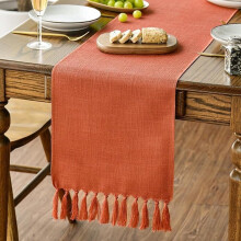 Sm: )e Terracotta-orangefarbener Quasten-Tischläufer, 33 x 122 cm, Boho-Leinenmischung im rustikalen Landhausstil, Dekoration für Feste,