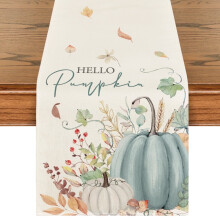 Tischläufer „Smile Hello“ mit Kürbis-, Ahornblatt- und Blumenmuster, Herbstmotiv, 13 x 120 cm, Blau