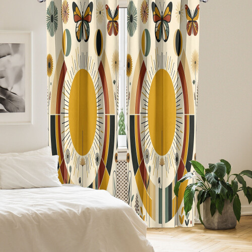 Ambesonne Mid Century Modern 4-Panel Curtains, Boho Sun Moth, 56"x63", Pale Coffee Eggshell 2