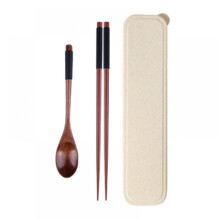 Juego de 3 piezas de cucharas y palillos de madera, estilo japonés, hechos a mano con caja.