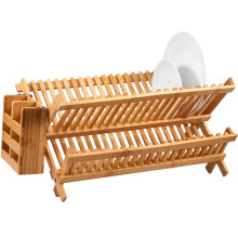 Escurridor de platos de bambú Jetcloudlive con soporte para utensilios, escurridor de madera plegable, soporte de secado plegable grande de 2