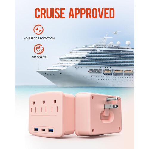 2 τεμάχια Cruise Power Strip, πτυσσόμενο ροζ αντι-υπερτασικό με πρίζες USB C, 3.4A Total, πρίζα 2