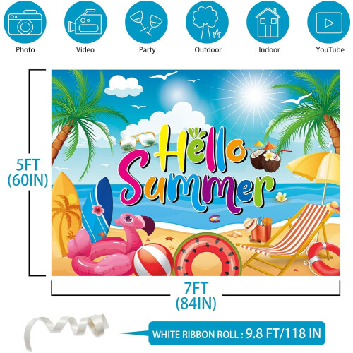Φόντο Hello Summer 84x60 ίντσες | Φόντο για πάρτι στην πισίνα σε χαβανέζικη ατμόσφαιρα, 2